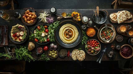A spread of diverse dishes arranged on a dark wooden table.