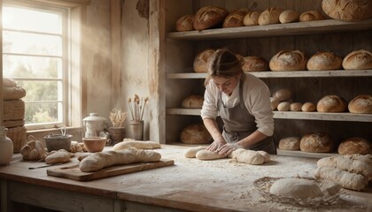 Artisan baker shapes dough on flour-dusted table in rustic bakery. Fresh bread loaves fill shelves. Natural light streams through window, highlighting craftsmanship and aroma of homemade baking.