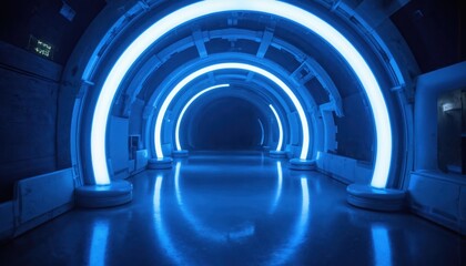 Obraz premium Futuristic blue tunnel with neon lighting effects. Geometric architecture, dark environment, perspective view down symmetrical corridor. Technology, science fiction concept with bright high-coloured