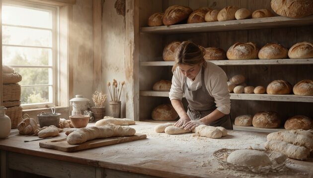 Artisan baker shapes dough on flour-dusted table in rustic bakery. Fresh bread loaves fill shelves. Natural light streams through window, highlighting craftsmanship and aroma of homemade baking.