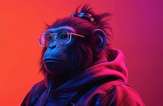 3D digital monkey in streetwear with neon details, NFT style. Cyber, futuristic fashion with glowing, high-tech urban look. Modern, cool, trendy digital artwork, virtual hip hop, graffiti style - Powered by Adobe