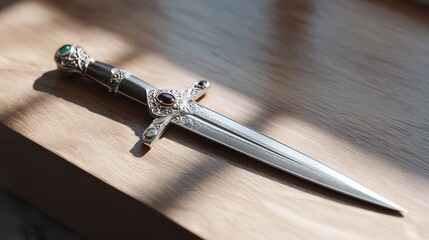 Intricate Dagger: A close-up shot captures the details of an intricately crafted dagger, showcasing its silver blade and decorative handle, resting on a warm wooden surface.