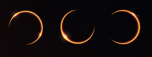Halo effect, light ring glowing in a solar eclipse phases on the dark transparent background. Set of a luminous sun phenomenon. Vector illustration