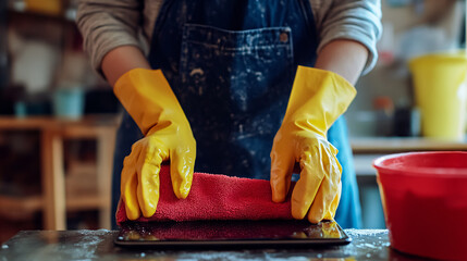 A person cleaning a tablet with a mop while wearing yellow gloves, in front of a bucket of water and a red rag.