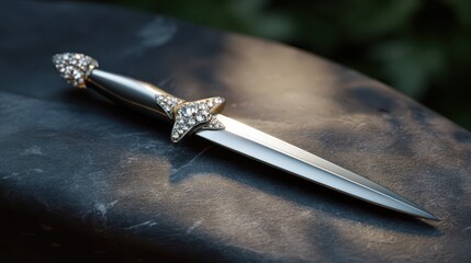 Elegant Dagger with Gems: A detailed photo showcases a finely crafted dagger, its steel blade gleaming and adorned with exquisite gems, exuding an aura of elegance and artistry.