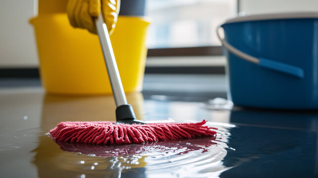 A person cleaning a tablet with a mop while wearing yellow gloves, in front of a bucket of water and a red rag. - Powered by Adobe