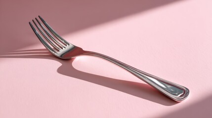 Fork's Shadow Play: A simple yet elegant fork is meticulously captured casting a defined shadow on a soft pink surface, showcasing the interplay of light and object in this exquisite shot.
