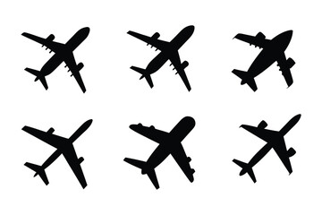 Silhouette Set of Airplanes: A clean, minimalistic silhouette collection of airplanes, showcasing various perspectives. Ideal for projects needing a touch of flight, travel, or aviation. 