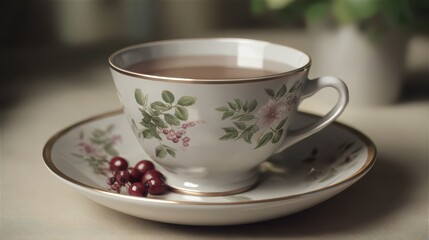 Serene Tea Moment: A delicate teacup filled with a comforting warm tea, accompanied by a matching saucer adorned with floral patterns, accompanied by ripe cranberries.