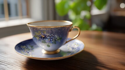 Antique Porcelain Teacup: An elegant antique porcelain teacup with a delicate floral design rests on a matching saucer. It evokes feelings of warmth and tranquility