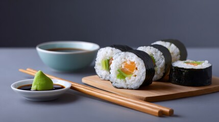 Sushi Delight: A culinary composition featuring sushi rolls artfully arranged on a wooden board, alongside a small bowl of savory soy sauce and a dollop of zesty wasabi, accompanied by chopsticks.