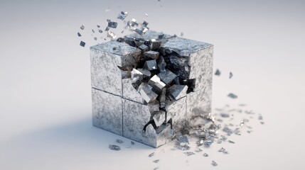 Shattered Cube: An artistic rendering of a fragmented cube, showcasing the disintegration of a solid form into scattered, glistening pieces, with a touch of abstract modernism.
