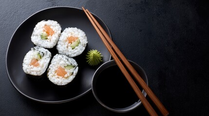 Sushi Presentation: A top-down view of sushi rolls on a black plate, served with wasabi and soy sauce, presenting a culinary delight.