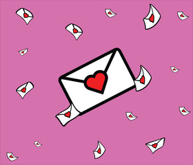 Love letters falling from a large envelope with red heart