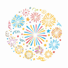 Funky crayon drawn confetti and fireworks. Childish doodle fireworks icon collection. Sketch burst with ribbon dots, cute explosion, hand drawn firecracker.