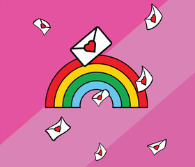 Love letters floating around a rainbow delivering affection and romance