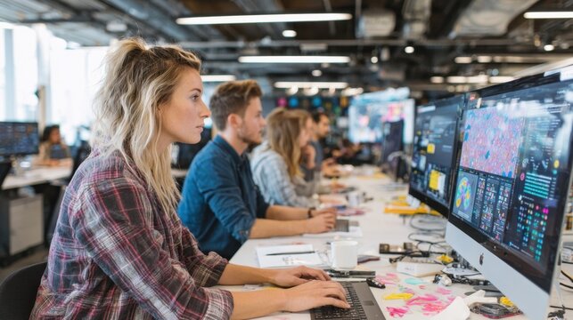Closeup of a diverse team of journalists meticulously designing interactive infographics at sleek workstations. Papers and digital tablets clutter the desks showcasing brainstorming