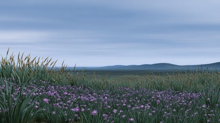 Serene Meadow under a Cloudy Sky: A tranquil vista unfolds, with a vibrant meadow blanketed in delicate purple flowers and tall, waving grass, beneath a serene, overcast sky.