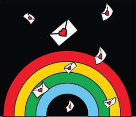 Love letters floating around a rainbow delivering affection and romance