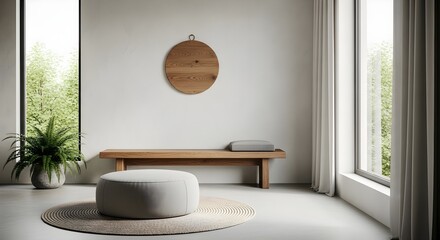 Minimalist Modern Interior with Natural Wood Accents and Lush Greenery.