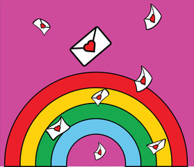 Love letters floating around a rainbow delivering affection and romance