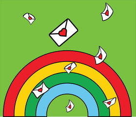 Love letters floating around a rainbow delivering affection and romance