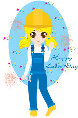 Labor day poster. Pop art strong woman. Symbol of american female power. Vector illustration for holiday.