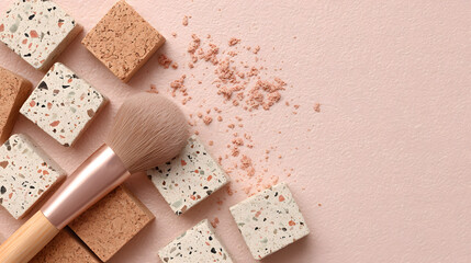 Pale Pink Background with Beige Terrazzo Cosmetic Brush and Cork Blocks