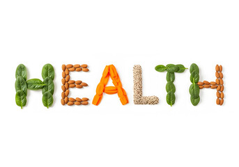 Healthy food word art,  "HEALTH" spelled out with almonds, carrots, spinach, and sunflower seeds