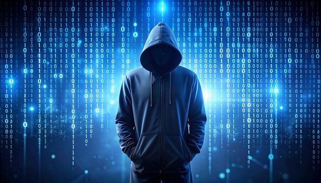 A hooded figure stands before a digital binary backdrop