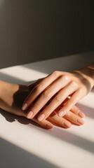 Elegant Hands in Sunlight: Close-up shot of crossed hands, illuminated by warm sunlight, exuding calm and tranquility. showcasing natural beauty, wellness, and serenity.