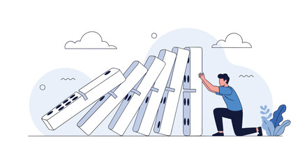 Obraz premium Man stopping a cascade of falling dominoes preventing a large collapse