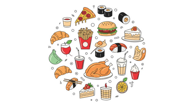 A delicious assortment of fast food treats and desserts arranged in a circle