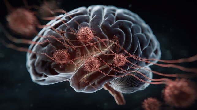 Crosssectional brain scan image with overlaid rolling sleep waves and invading parasites illustrating progression of disease from blood to central nervous system.