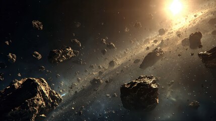 Celestial Symphony: A mesmerizing depiction of the cosmos unfolds, with asteroids suspended gracefully against a backdrop of cosmic dust and radiant stellar light. 