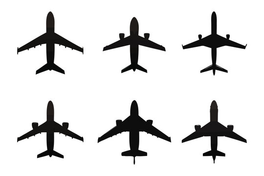 Aerial Aviation Showcase: An impressive top-down view of multiple jet airplanes silhouettes set against the serene expanse. A captivating study of the essence of flight. 