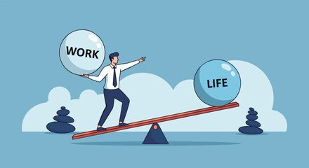 Man balancing work and life on a seesaw scale with clouds in background