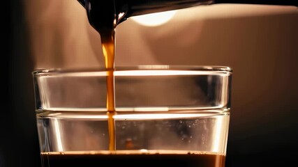 Pouring fresh espresso into a glass cup for a morning caffeine boost ritual