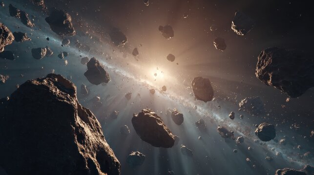 Cosmic Dance of Asteroids: A captivating view of a vast asteroid field. Celestial bodies navigate a cosmic dance against a backdrop of radiant starlight, an image that stirs the imagination.