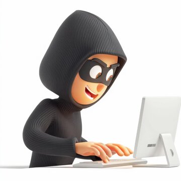 Cartoon character in a hooded top using a laptop