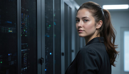Confident female pro stands in data center beside server racks. Dark hair tied in ponytail, wears black blazer. Background shows rows of glowing computer hardware, suggesting advanced technology,
