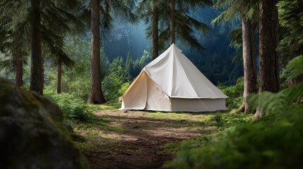 Camping Tent in the Forest: A solitary camping tent sits nestled in the heart of an enchanting forest, surrounded by towering trees, capturing the tranquility of a getaway in natural landscape.