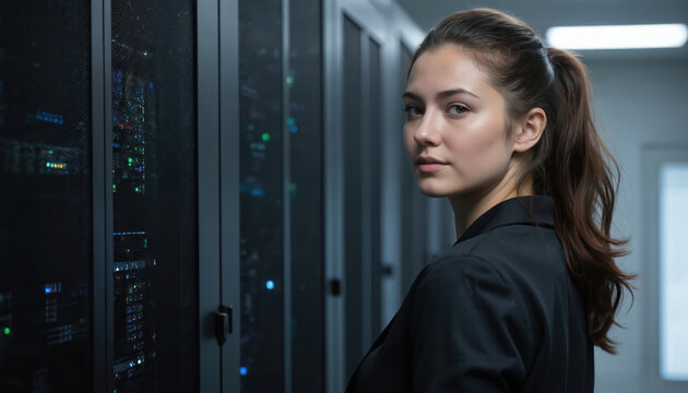 Confident female pro stands in data center beside server racks. Dark hair tied in ponytail, wears black blazer. Background shows rows of glowing computer hardware, suggesting advanced technology,