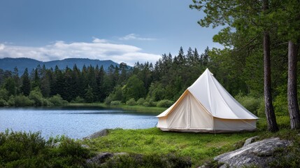 Camping Bliss by the Lake: A serene image of a bell tent pitched near a calm lake, framed by lush greenery and mountains in the distance, showcasing the beauty of outdoor adventure and tranquility.