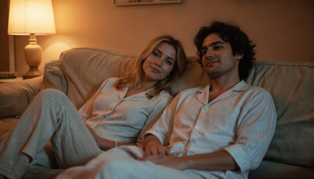 Young couple in matching pajamas relaxing on sofa in soft evening lighting. Share moment of intimacy, comfort, enjoying peaceful night together. Casual attire, serene expressions highlight harmonious