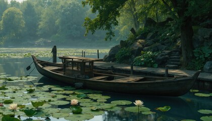 Old fashioned wooden boat moored beside serene river dock, surrounded by green lotus flowers, pads. Tranquil water reflects misty forest, trees, creating peaceful, cinematic atmosphere ideal for