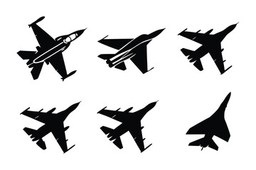 Silhouette of fighter jet aircraft in various flying positions: A captivating display of sleek fighter jet silhouettes, showcasing the dynamism and power of aerial machines in various flight poses.