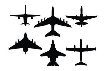 Aviation Silhouettes: Collection of diverse aircraft silhouettes. A striking collection of aircraft silhouettes, perfect for aviation and transportation-themed projects.