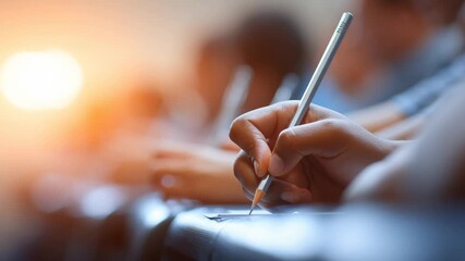 Students actively engaged in exam preparation in a bright classroom setting