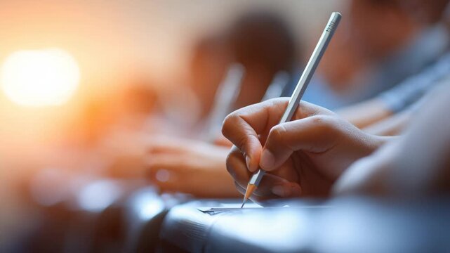 Students actively engaged in exam preparation in a bright classroom setting